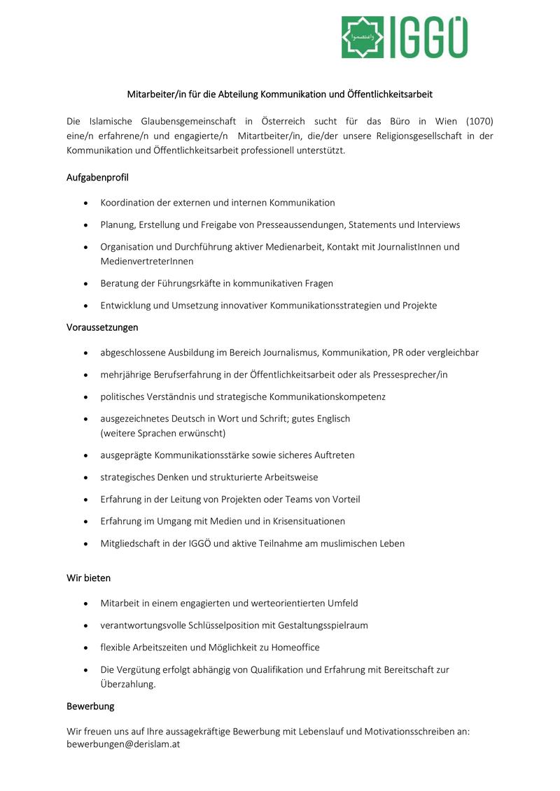 Stellenausschreibung Mitarbeiter F&uuml;r Die Abteilung Kommunikation Und &Ouml;ffentlichkeitsarbeit 2026